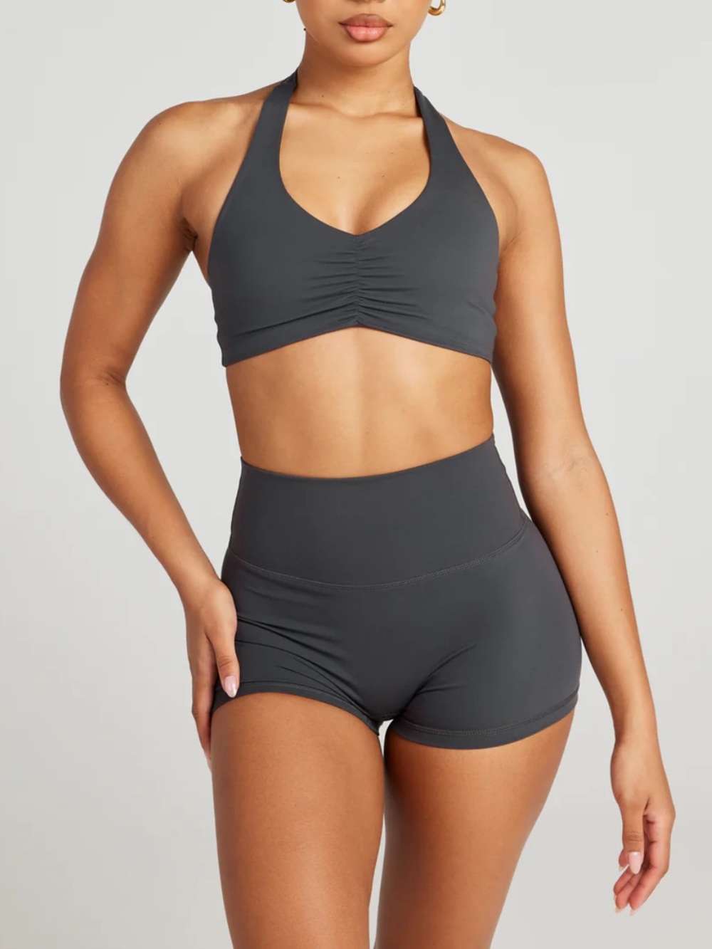 elite eleven charcoal gray sports bra & biker shorts
